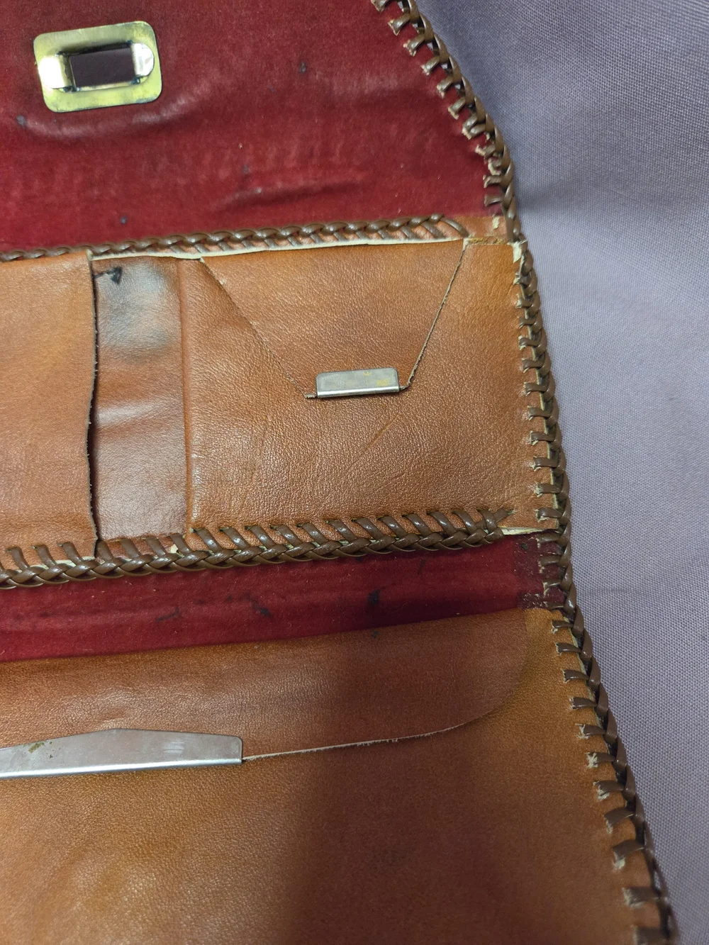 VINTAGE Croc-Embossed Brown Leather Clutch with Yellow Accent